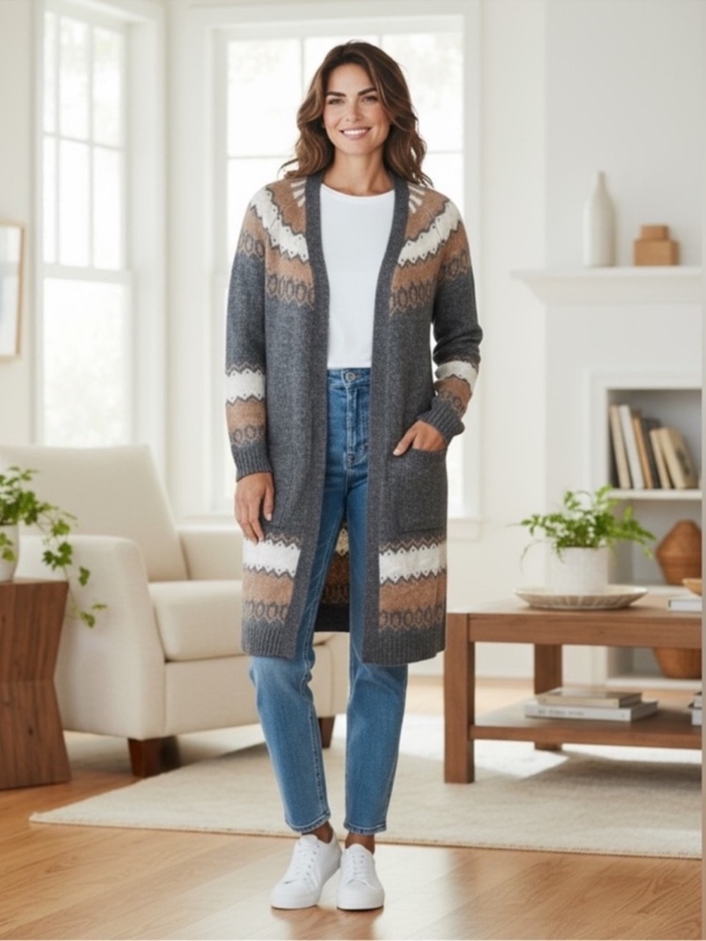 89th + Madison NWT open front cotton knit fair isles nordic cardigan size small